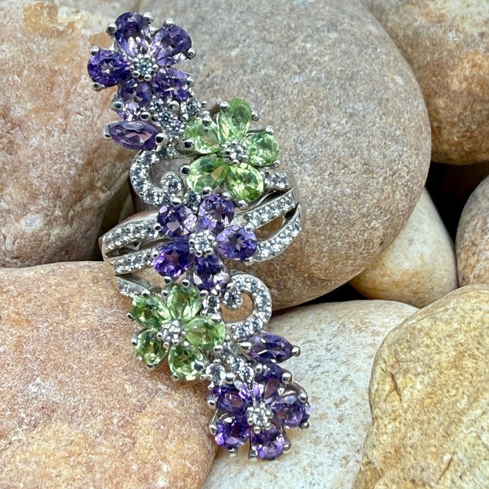 Amethyst Peridot Floral Cocktail Ring 5ctw Platinum SS Sz 6 NWT - Picture 3 of 16